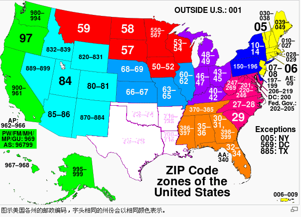 美国各州邮政编码中英文对照表